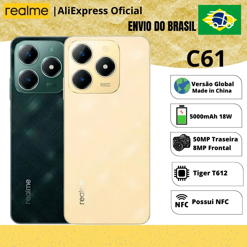 Celular Realme C61 128/4GB | Resistente como Aço | Smartphone 4G, ROM Global, Processador Unisoc Tiger T612, Carregador 5000mAh