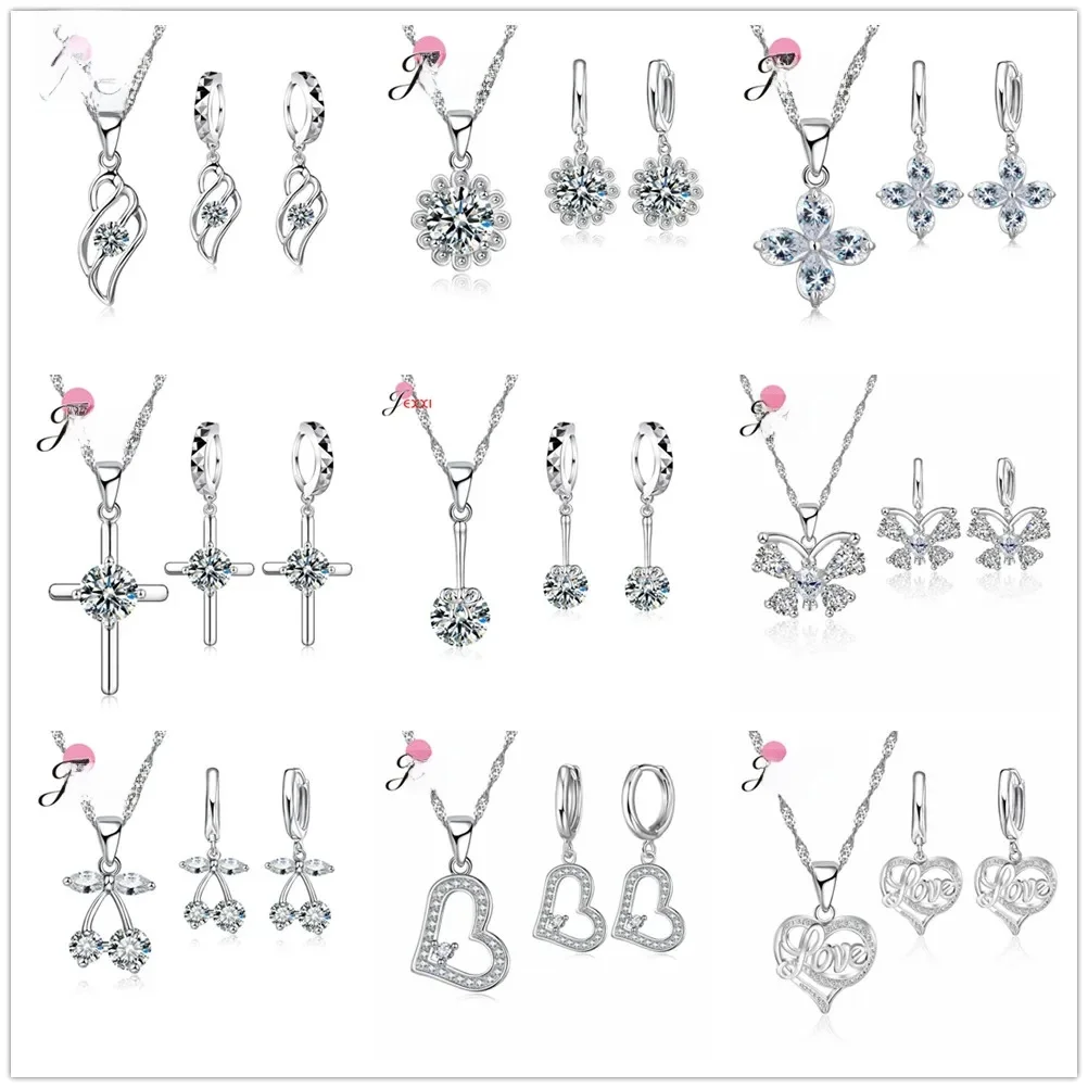 925 Sterling Silver Cubic Zirconia Cross Heart Butterfly Wisiorek Naszyjnik Dangle Kolczyki Modne modne zestawy biżuterii — zdjęcie 2
