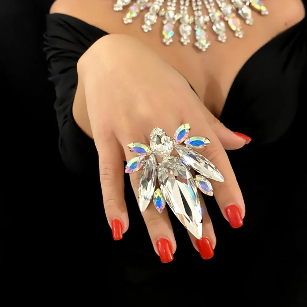 Stonefans Exaggerated Women Rings Rhinestone Big Size Shiny Crystal Water Drop Finger Ring Drag Queen Jewelry