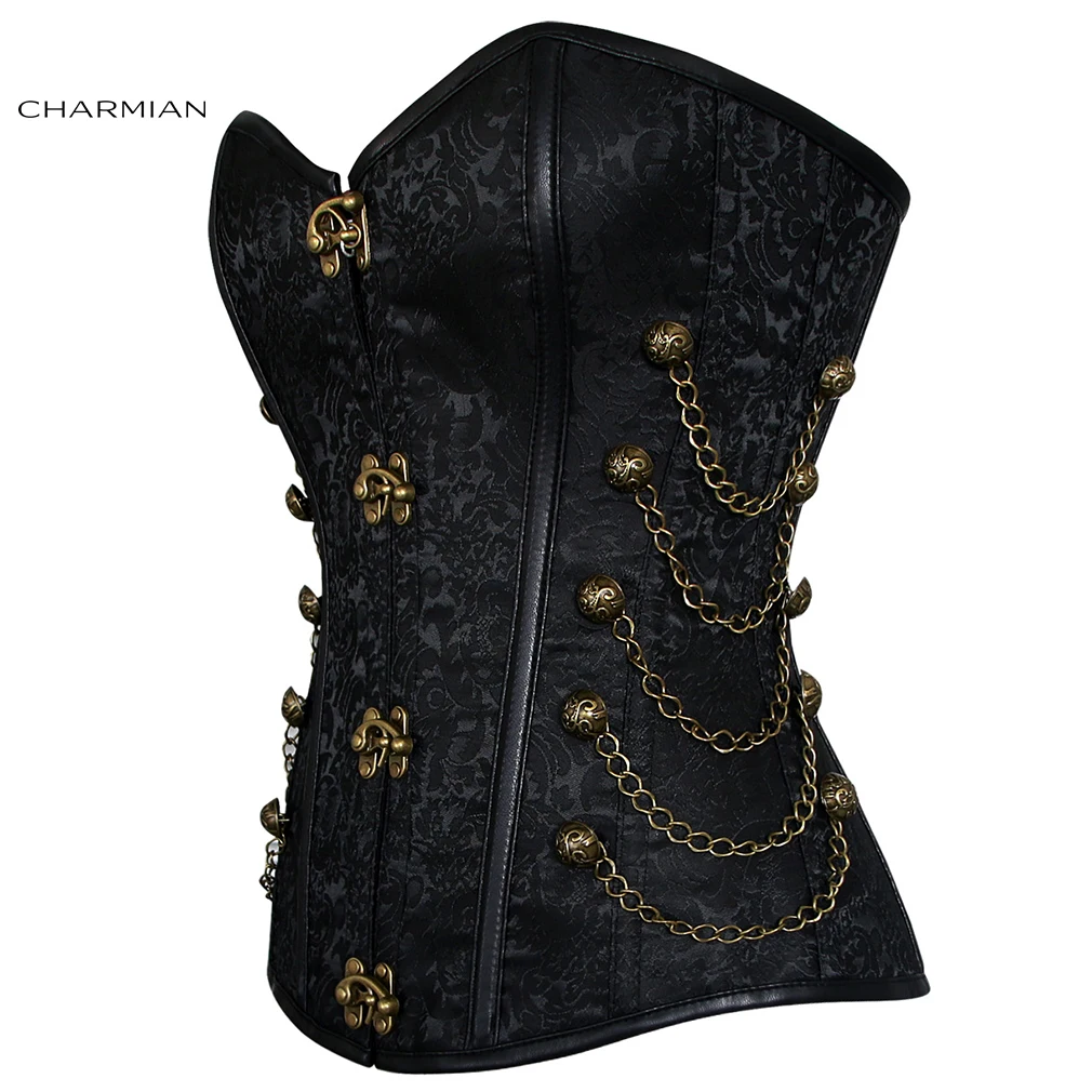 Charmian Steampunk Leather Corset Women Gothic Steel Boned Corset with Chains Brocade Buckle Pirate Corset Plus Size Costumes