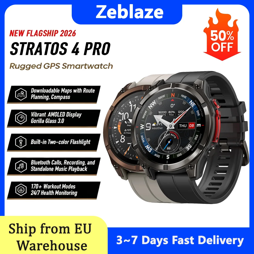 Montre connectée GPS robuste Zeblaze Stratos 4 Pro 2026, écran AMOLED 1,43 pouces, étanche 5 ATM, positionnement par 6 satellites, lampe torche bicolore, appels Bluetooth, batterie 500 mAh, montre de sport