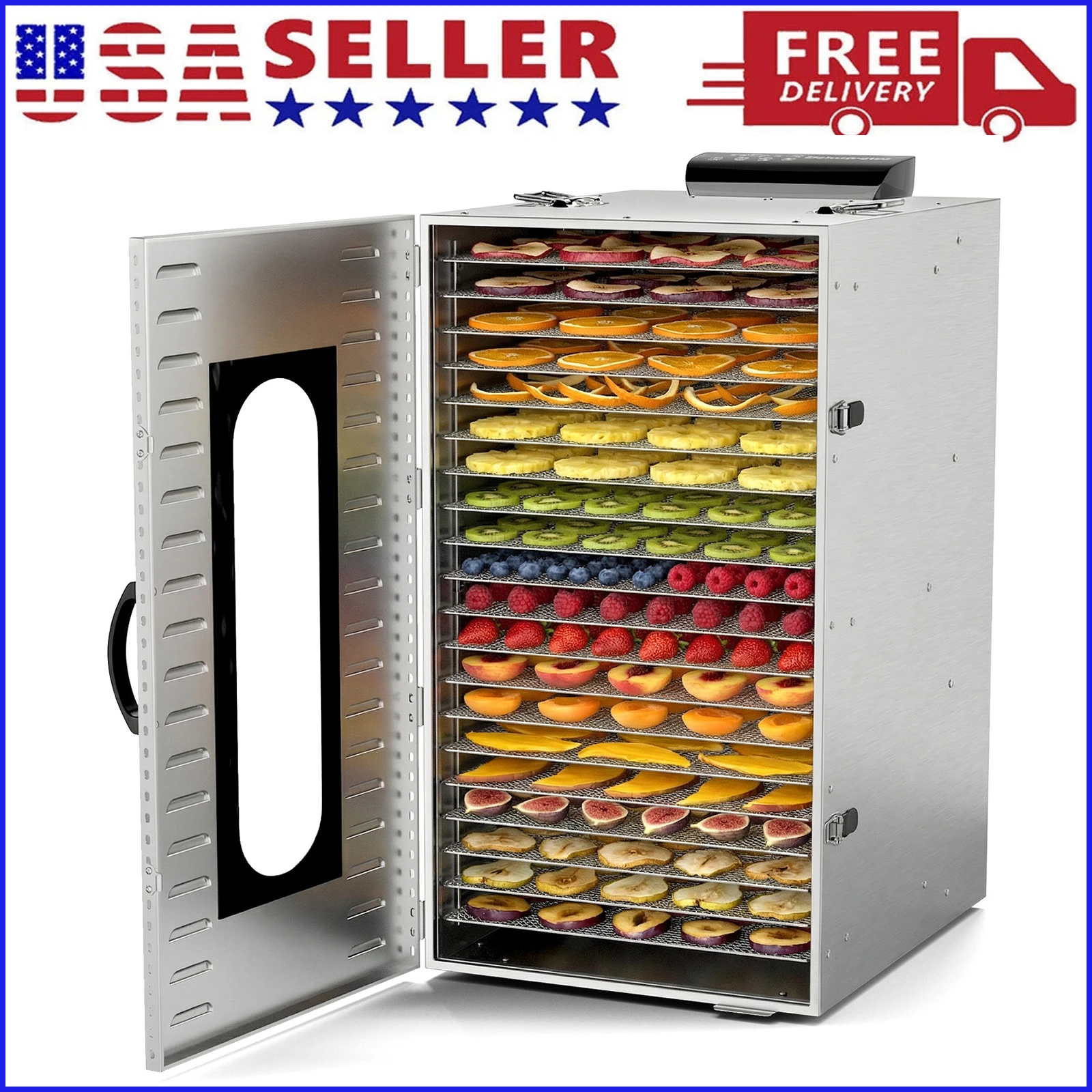 

Коммерческая сушилка для продуктов, 1500 Вт, для вяленого мяса, 20 больших лотков из нержавеющей стали, 194 ° Контроль температуры и 24-часовой таймер