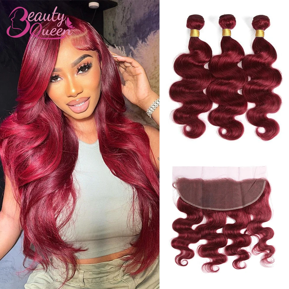 

Body Wave Human Hair Bundles With Frontal 99J Burgundy Closure With Bundles Hair Extensions Bundles With Front 13x4 Pre Plucked