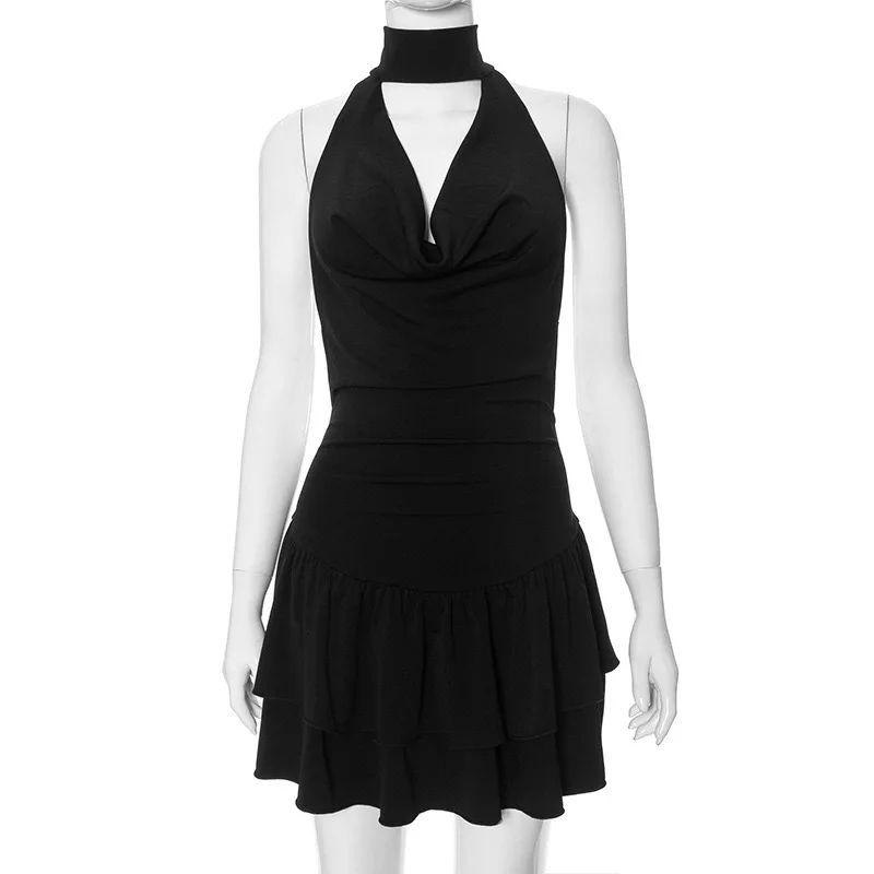 COCOTHIA-Vestido sem costas Halter Neck sem mangas, Mini vestido em camadas, Gola Swing, Peito, Lazer Urbano, Flerte Celebridade