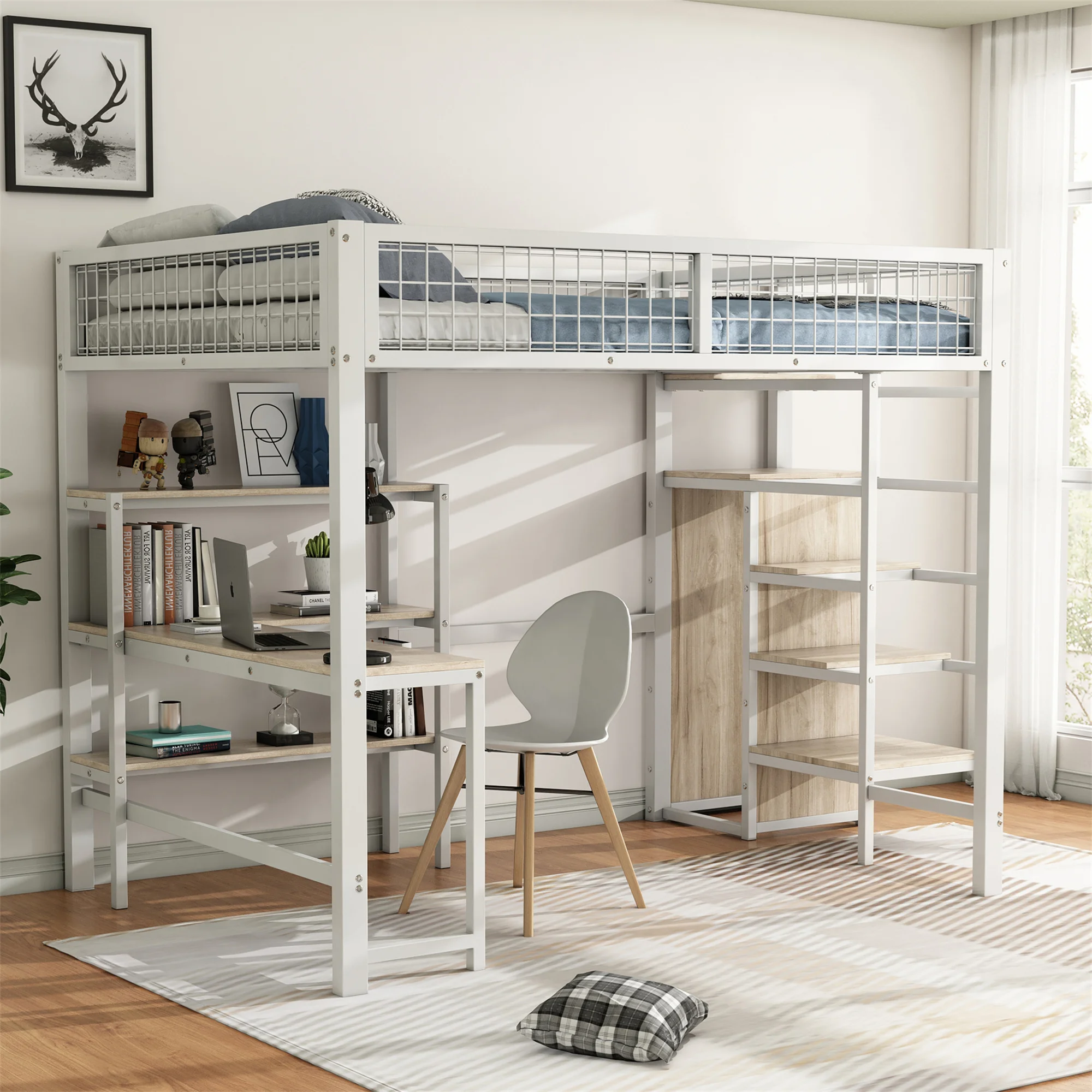 Hochbett 140x200cm mit Rausfallschutz, Etagenbett Stockbett mit Tisch und Regalen, Metallbett