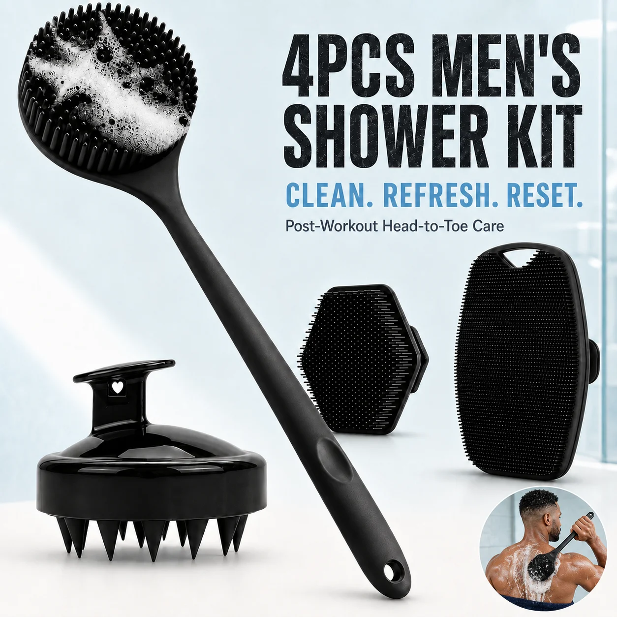 2/4-piece set of super exfoliating body scrub brush and super foaming soft bath brush combination, black silicone back cleaning brush bath brush set with thick bristles, body care - bath tools