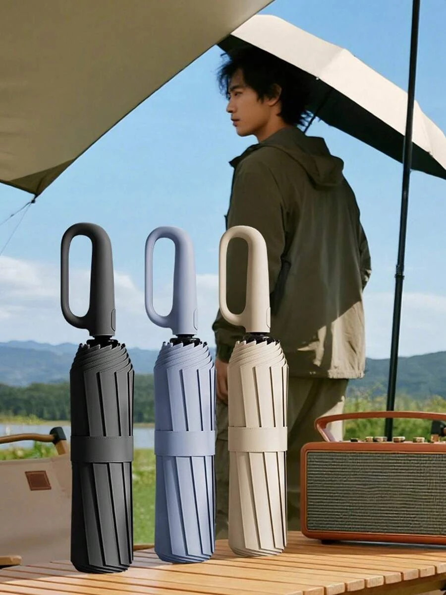 1pc Buckle Folding Umbrella, Fully Automatic Reverse Umbrella With Ring Handle, 8 Ribs, Extra Large & Thick, Dual-Use For Sun And Rain, High-Density Pongee Fabric, Lotus Leaf Water Repellent, Hiking Umbrella,  sh25060255156535582