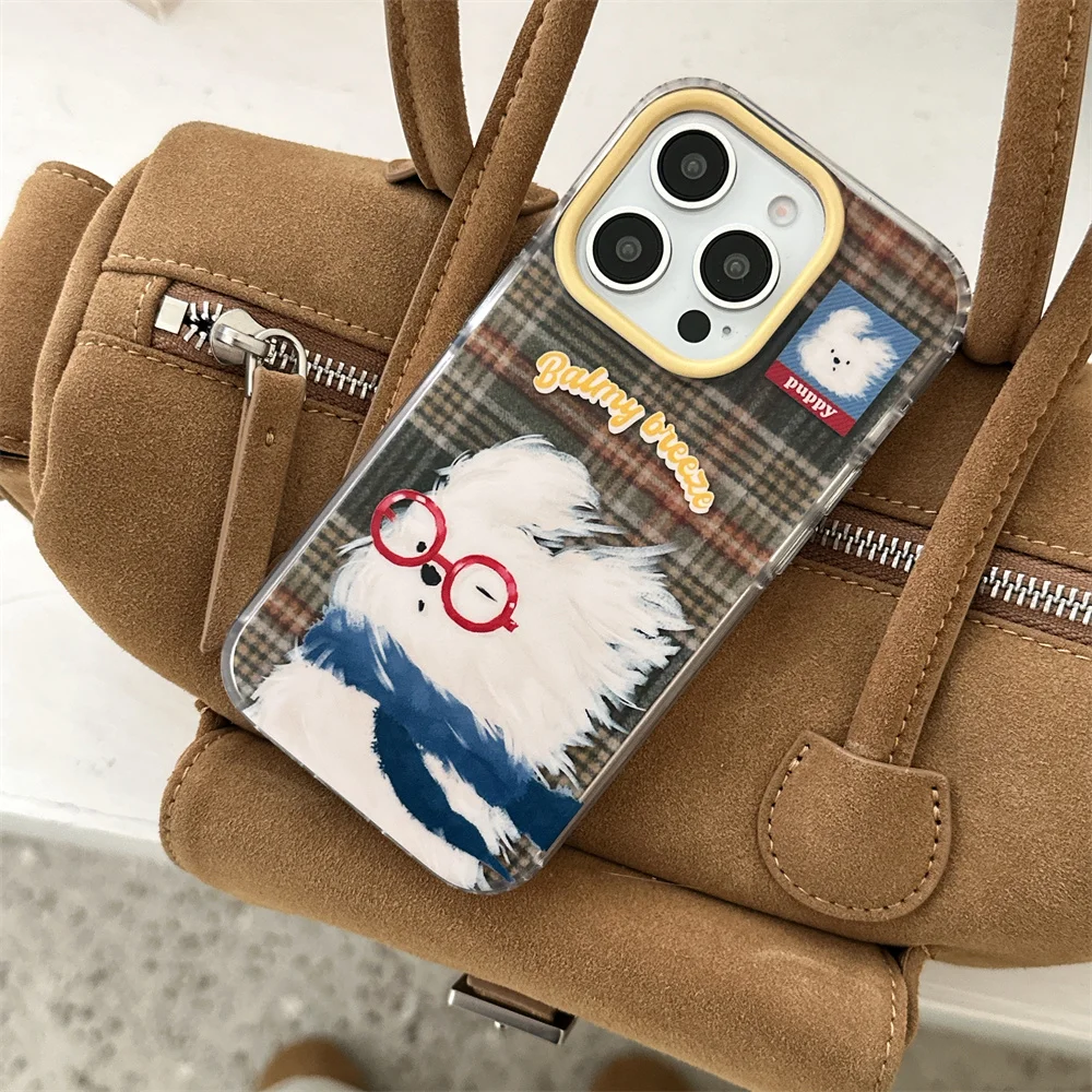 

Korean INS stylish brown plaid phone case for iPhone 13 14 15 16 Pro Max 17 Pro Fundas cartoon puppy cute protective cover cases