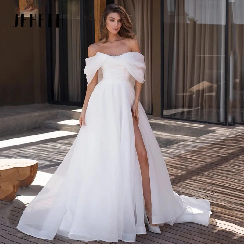 JEHETH Off The Shoulder Wedding Dresses Sexy Backless Bride Dress High Split Beach Boho Bridal Gowns Elegant  Princess A-Line