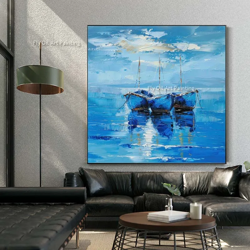 Modern Sailboat Oil Painting Hand Painted Blue Seaside Seascape Ship Canvas Art For Home Office Wall Decor As Gift Unframed