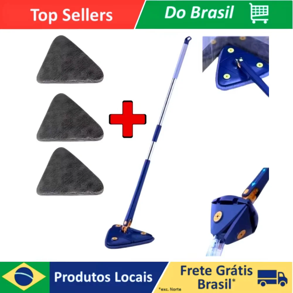 Kit Mop Esfregão Rodo Limpeza, Esfregão Triangulo Ajustável Giratório 360° + 3 refis