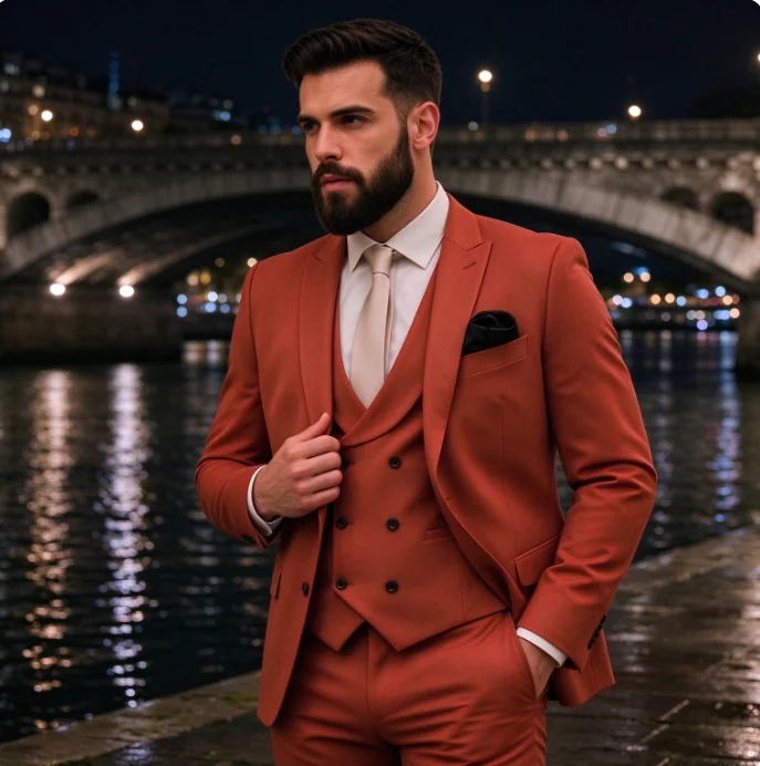 Men Terracotta 3 Piece Suit Shawl Lapel Double Breasted Vest Slim Fit Blazer Pants Set Groom Wedding Tuxedo Formal Business Prom