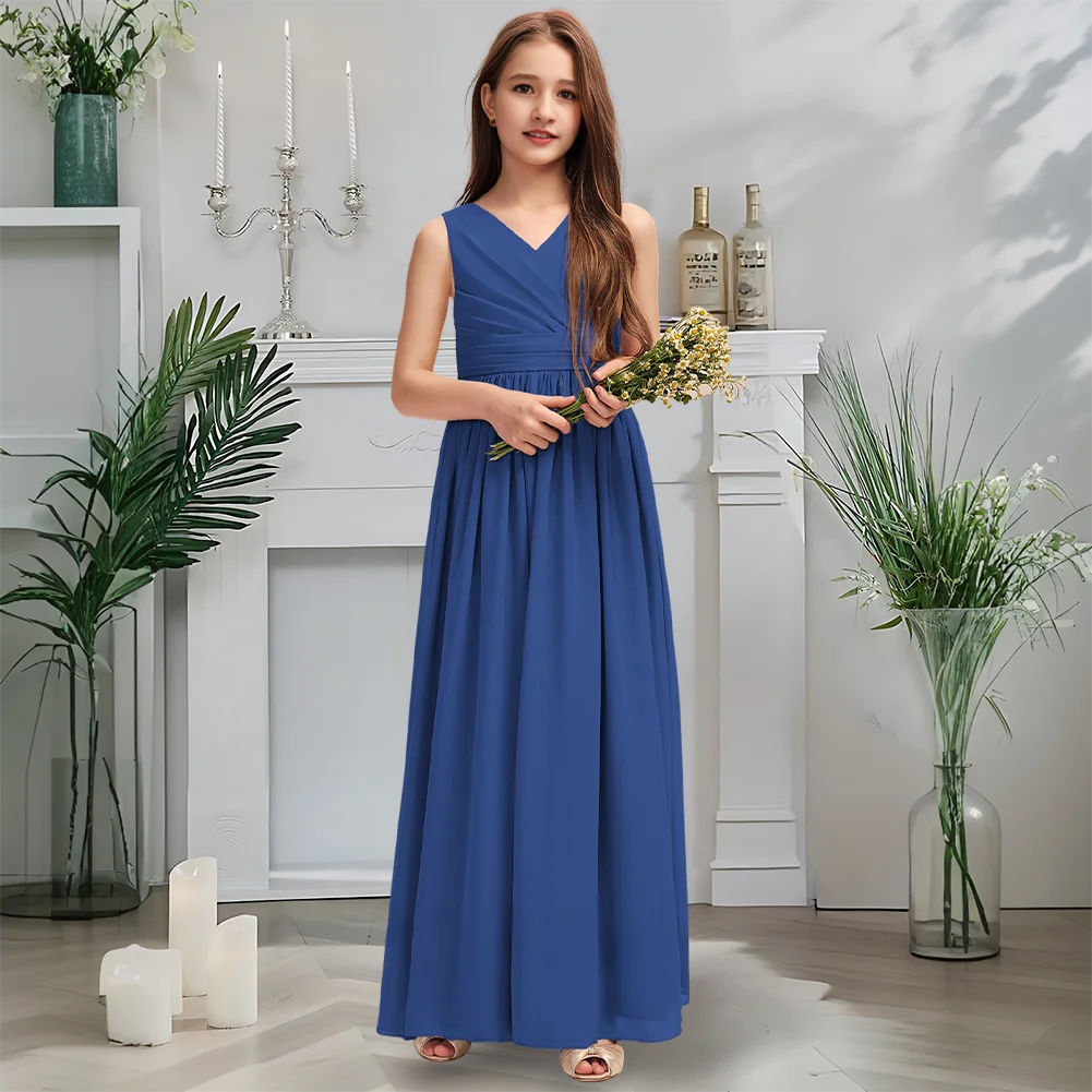 

A Kids V-Neck Junior Bridesmaid Dress Twilight Mauve Flower Girl Dress Floor-Length Chiffon With Cascading Bow Pleats Wedding