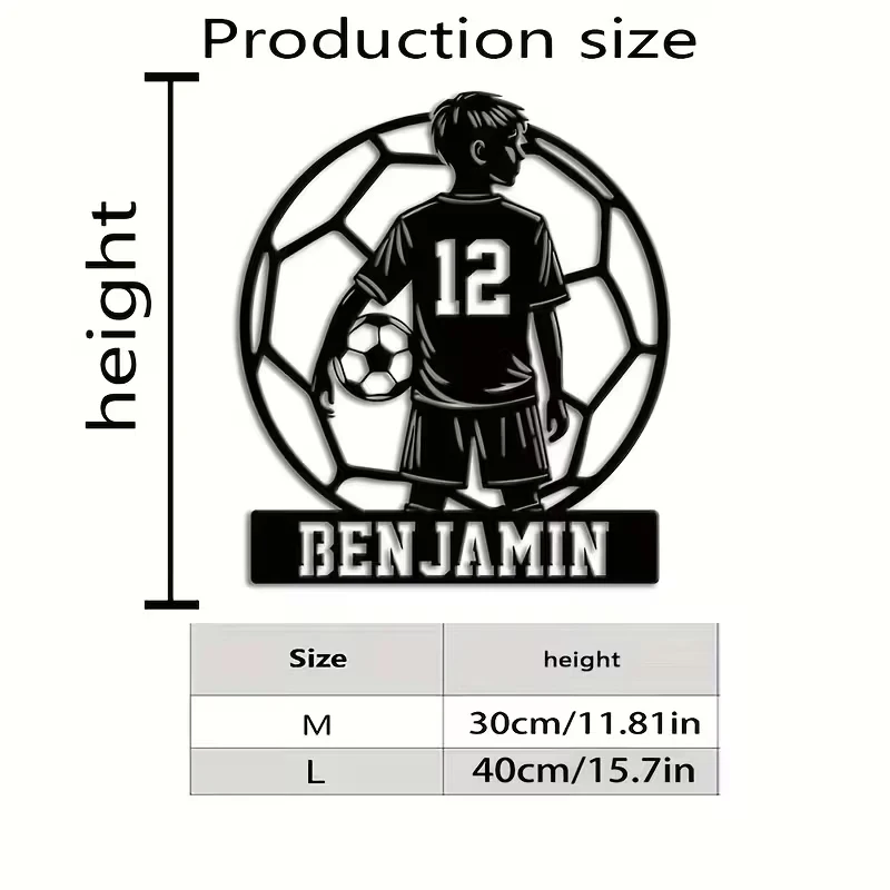 Personalized Soccer Boy Metal Sign - Custom Name, Soccer Player #12 with Ball Design - Heavy-Duty Iron Decoration for Sports Roo