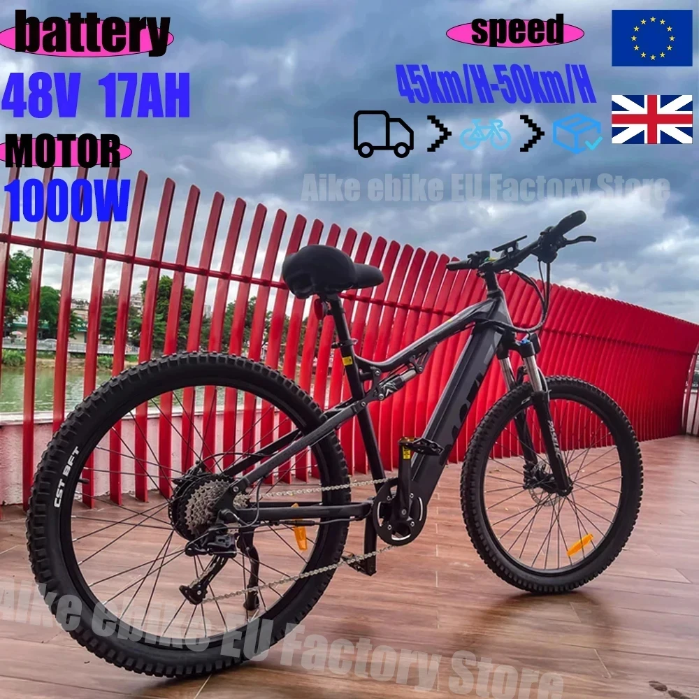 Venda rápida!!! Bafang-Bicicleta elétrica a motor profissional para adultos, Ebike de 9 velocidades, suspensão total, 1000W, bateria pico 17AH, 27.5