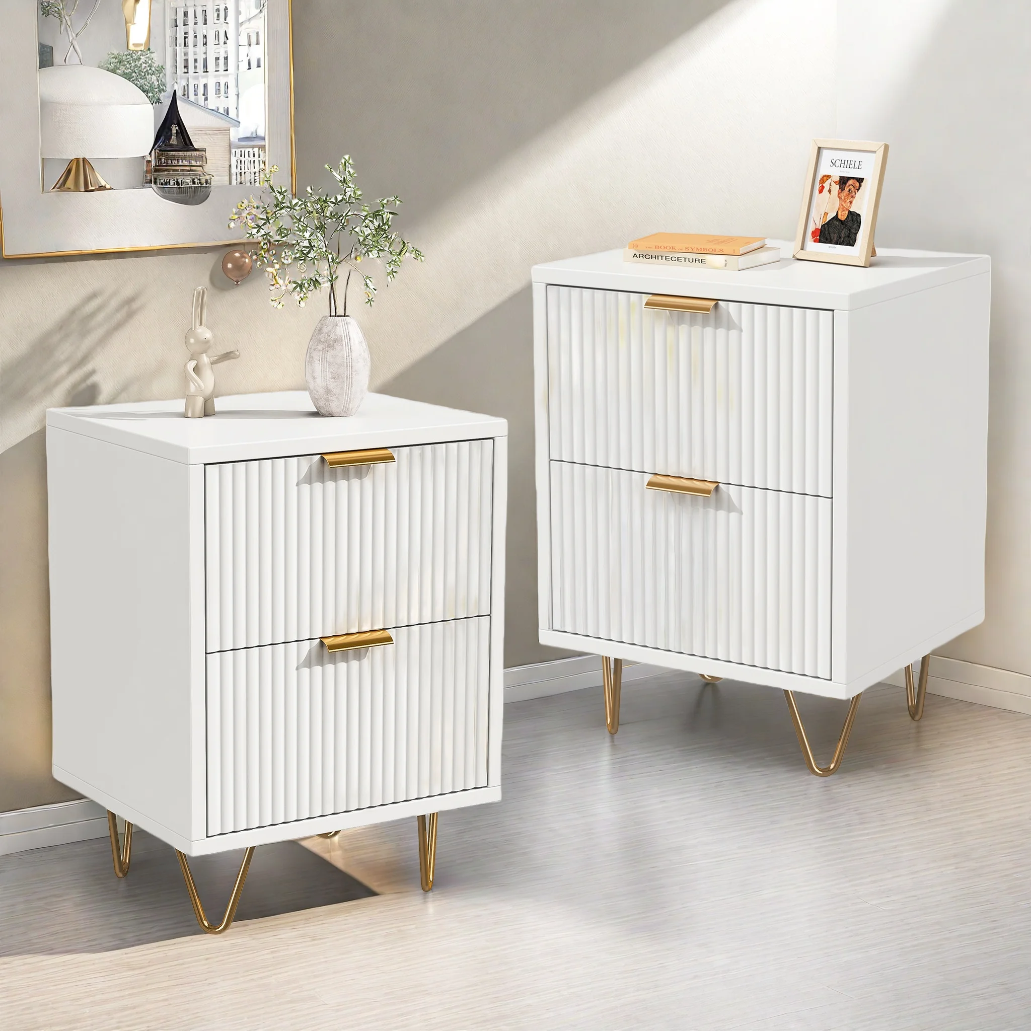 Juego de 2 mesitas de noche con 3 cajones acanalados, mesita de noche blanca de madera con tiradores y patas doradas, cómoda, mesa auxiliar, pequeño armario de almacenamiento para dormitorio y sala de estar