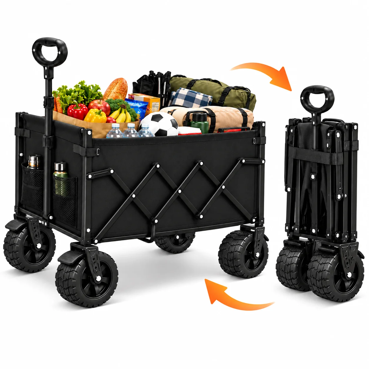 739/600/375LBS Heavy Duty Folding Wagon Cart, Large Capacity Collapsible Utility Wagon with Reinforced Steel Frame, Durable Oxford Fabric, Adjustable Handle, Extra Wide All-Terrain Wheels & Side Storage Pockets for Camping, Shopping, Garden, Beach & Outdo