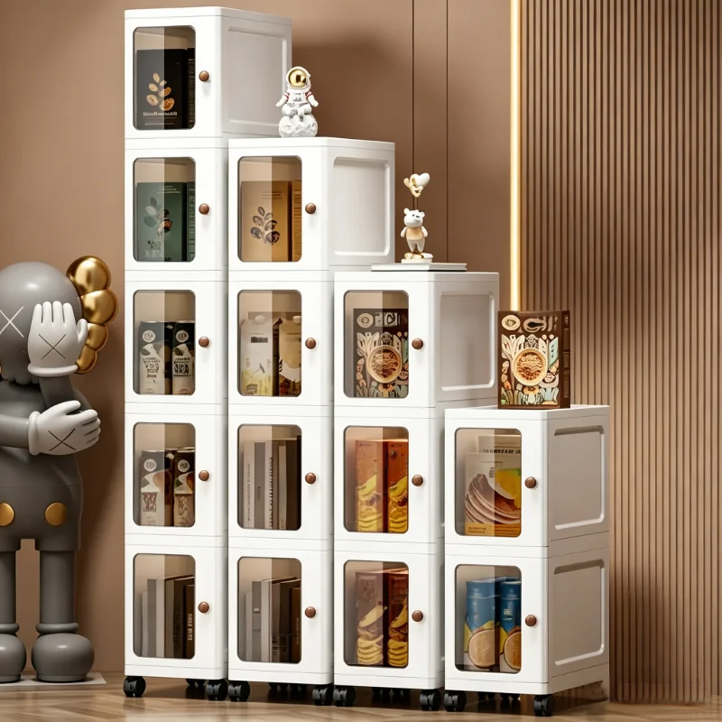 3/4/5/6-layer ultra-narrow gap stackable storage cabinet, freely combinable foldable plastic storage box, with a single transparent visible door and round handle, 2331cm vertical rolling ultra-narrow storage box with universal wheels, suitable for storag