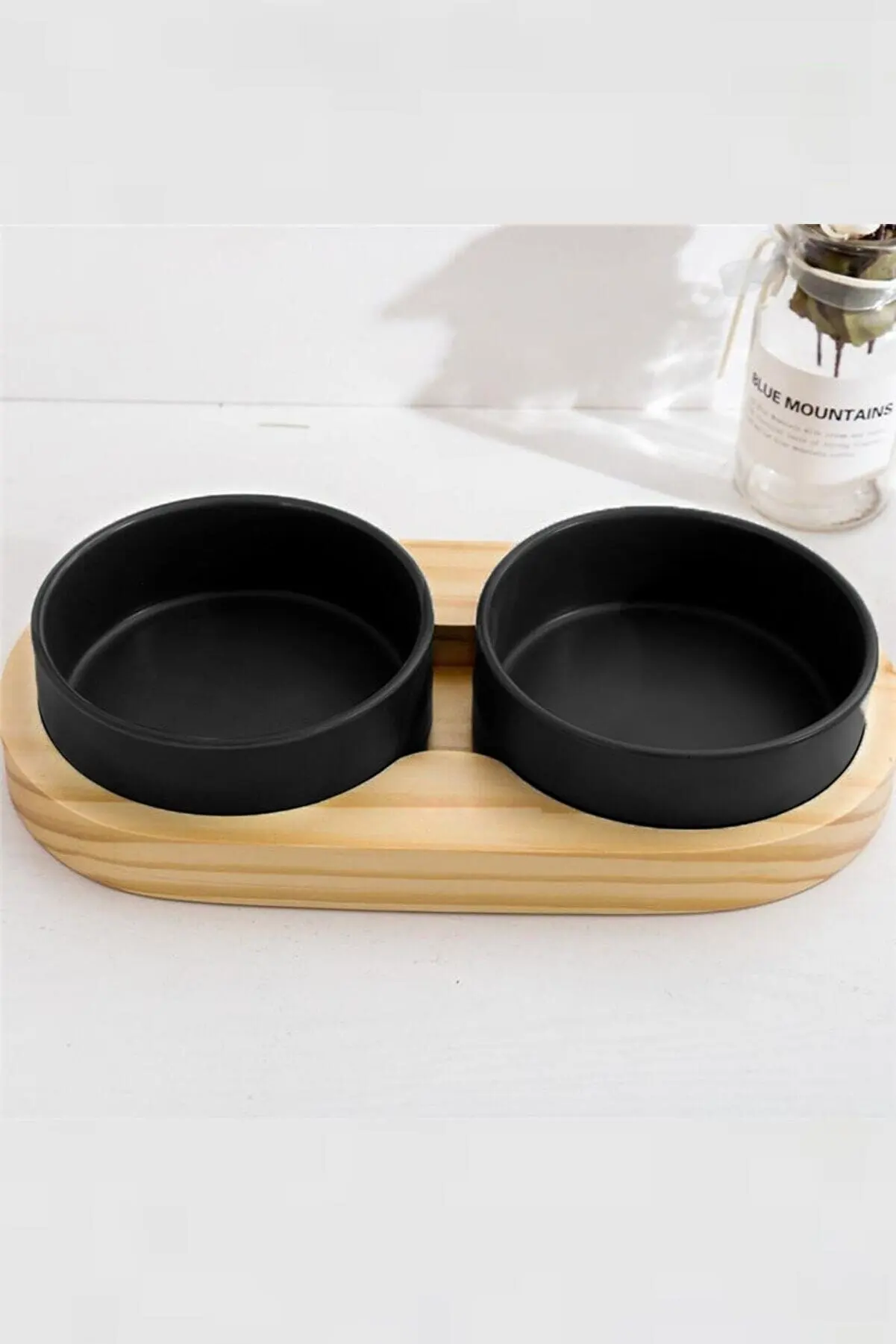 Cat Ceramic Bowls, Double Feeding Dishes for Food and Water, Wooden Stand Feeder Set for Pets, Dishwasher