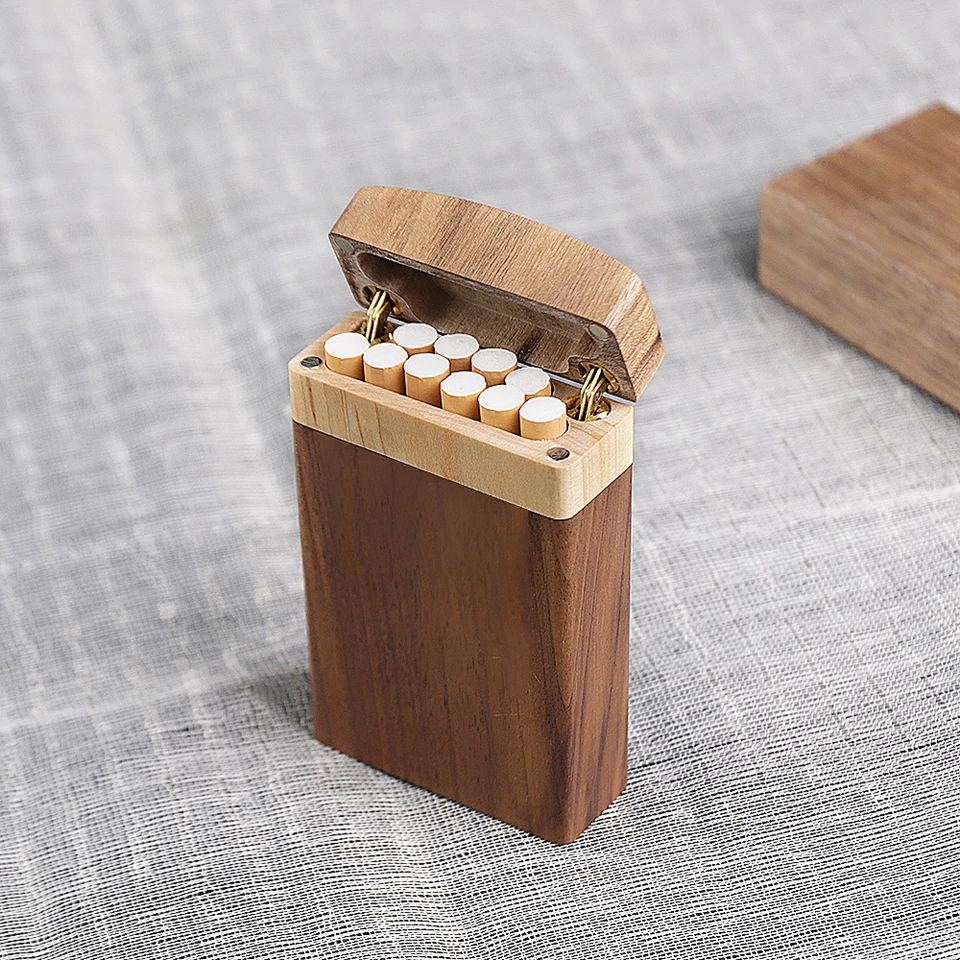 wood cigarette Vintage Walnut Wood Cigarette Case Slim Portable Wooden Cigar Storage Box  Solid Wood Cigarette Holder Smoker Men Dad Gift