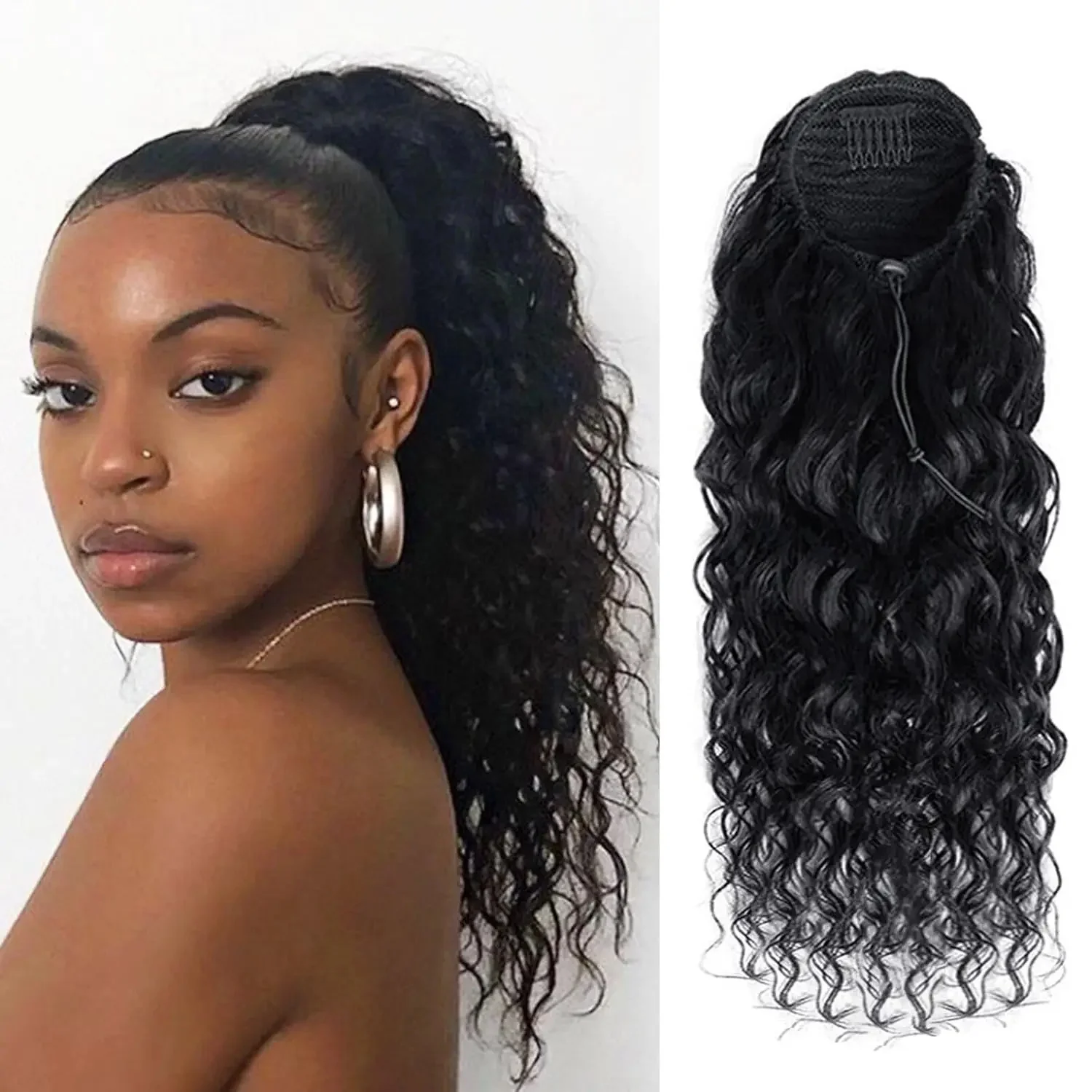 Deep Wave Kordelzug-Pferdeschwanz, 100 % Echthaarverlängerungen, 100 g, brasilianisches Remy-Haarteil in natürlichem Schwarz mit Clip-in-Pferdeschwanz