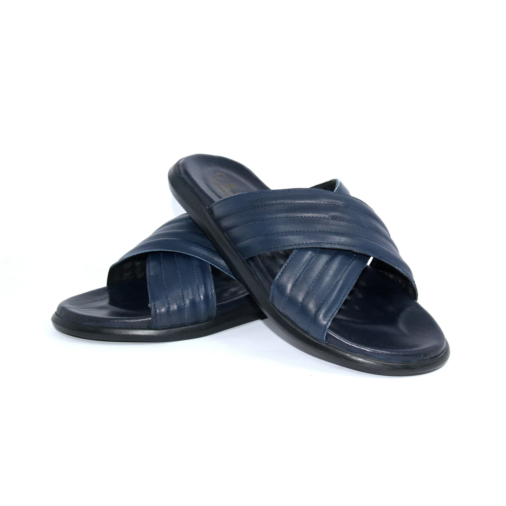 

GROZ Dark Blue Leather Slippers, Real Calfskin, Soft Striped Lightweight Sliders for Travel Outdoor Sandals, Summer Collection