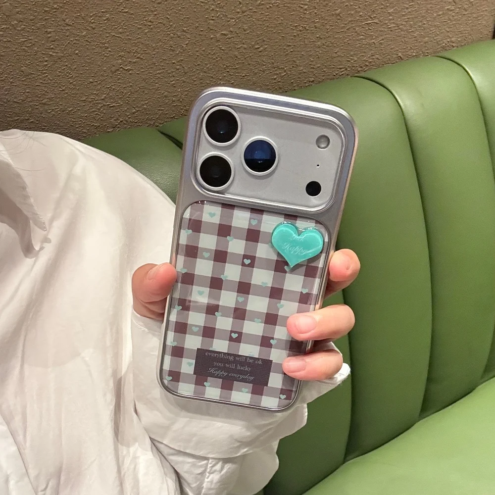 

Retro plaid small love phone case, suitable for iPhone15/14/16/17ProMax, Fundans17Pro Korean INS new shockproof protective case
