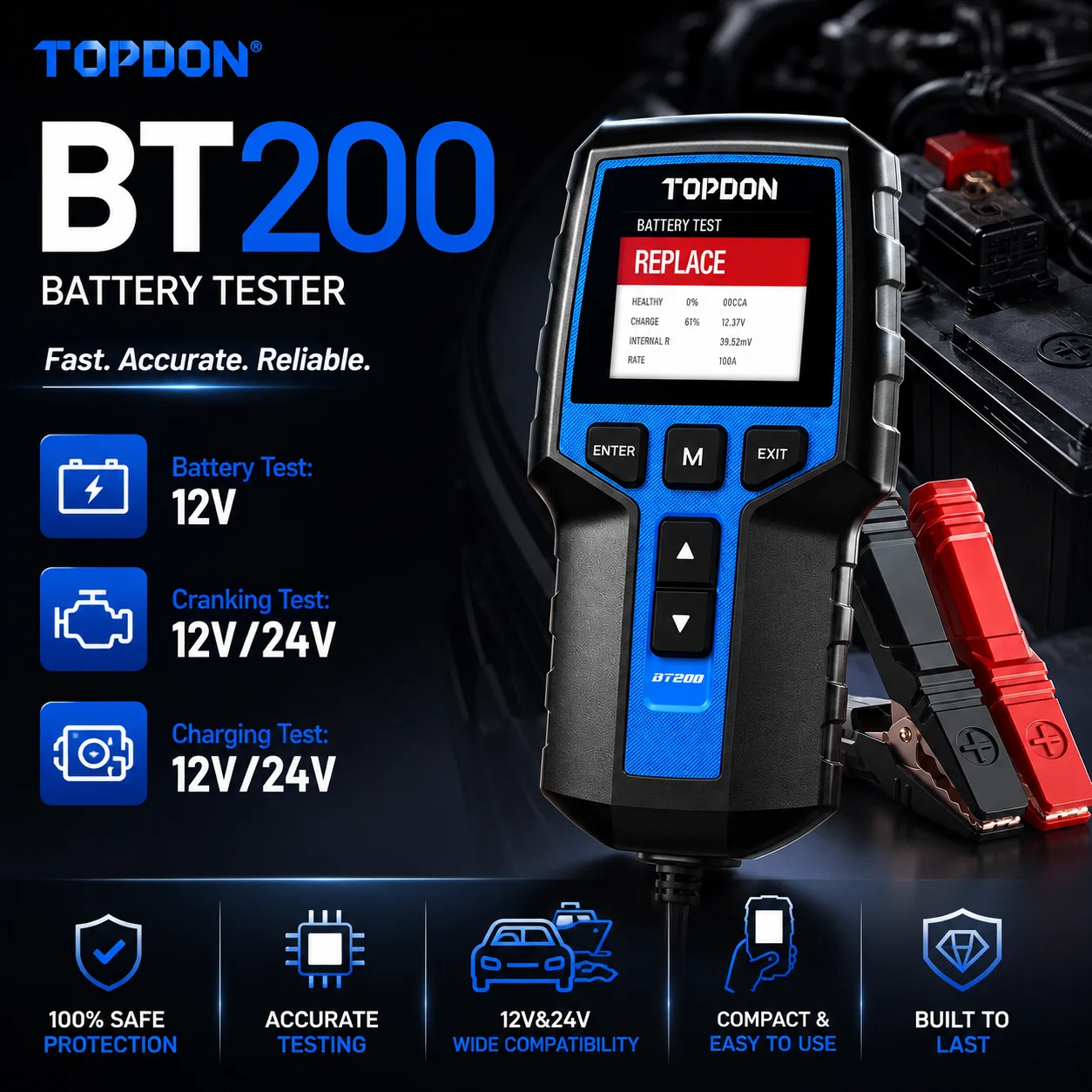 TOPDON BT200 Tragbarer Batterietester Lade- und Starttestgerät für Autos 12V Kfz-Diagnose-Batteriemonitor 100-2000CCA