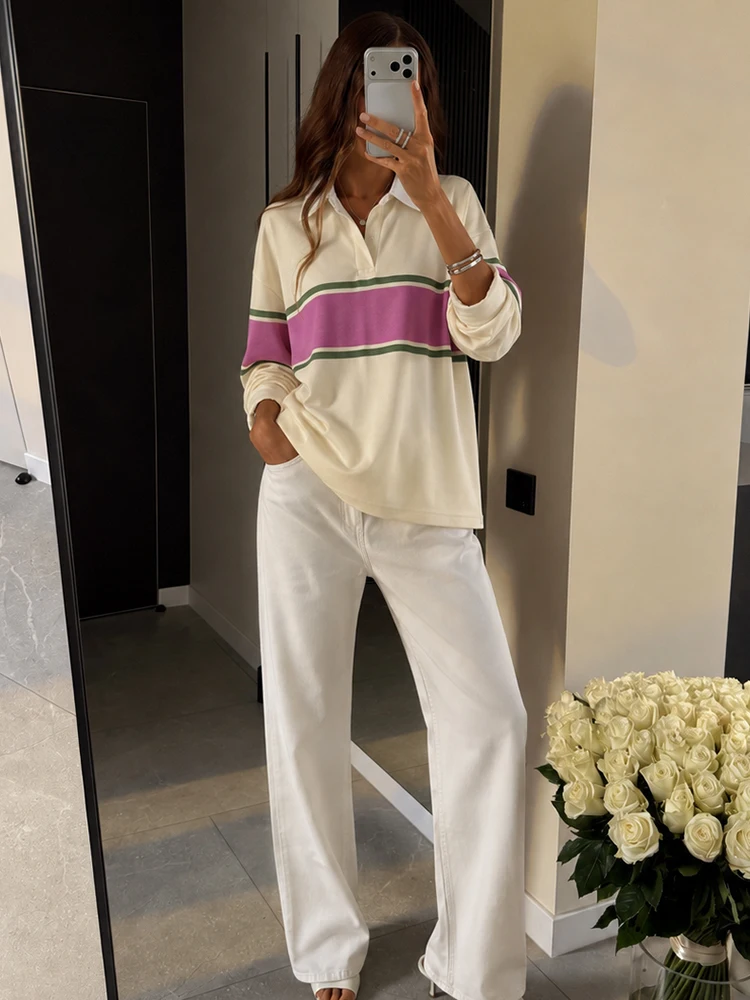 HH Casual Patchwork Striped POLO Shirt For Women’s Soft Long-sleeve Contrasting Fabric Detail Lapel Pullover Female Chic Tops