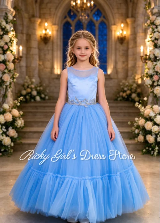 Customized Sleeveless Tulle Flower Girl Dresses For Wedding Light Blue Lace Appliques Floor Length First Communion Gowns