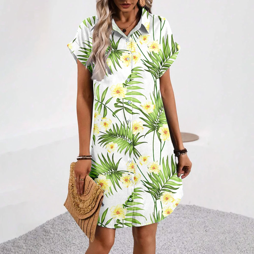 New Coconut Tree Printed Women's Shirt Dress Loose Knee-Length Skirts Fashionable Hawaiian Style Button Shirt Dress For Summer