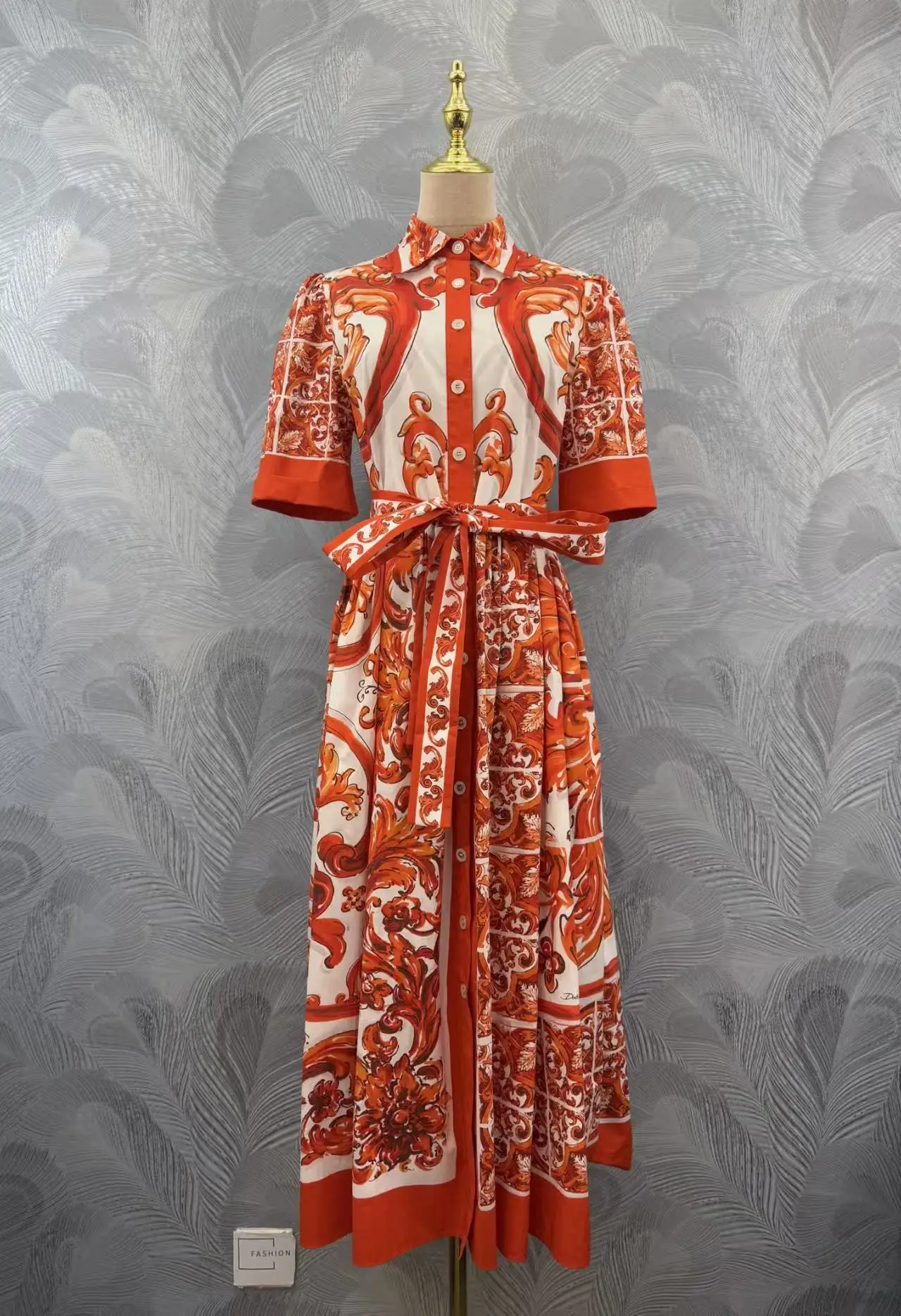 Women Lady New Summer Printing Flower Short Sleeve Turn-down Collar Lace-up Waist Strap Belt Single-breasted Gown Long Dress
