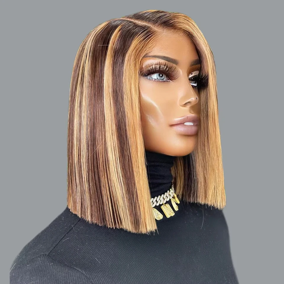 Straight Short Bob Wig 100% Human Hair Wig 4/27 Highlight 13x4 Lace Frontal Wigs Bob Honey Blonde Ombre Brown Lace Front Wig