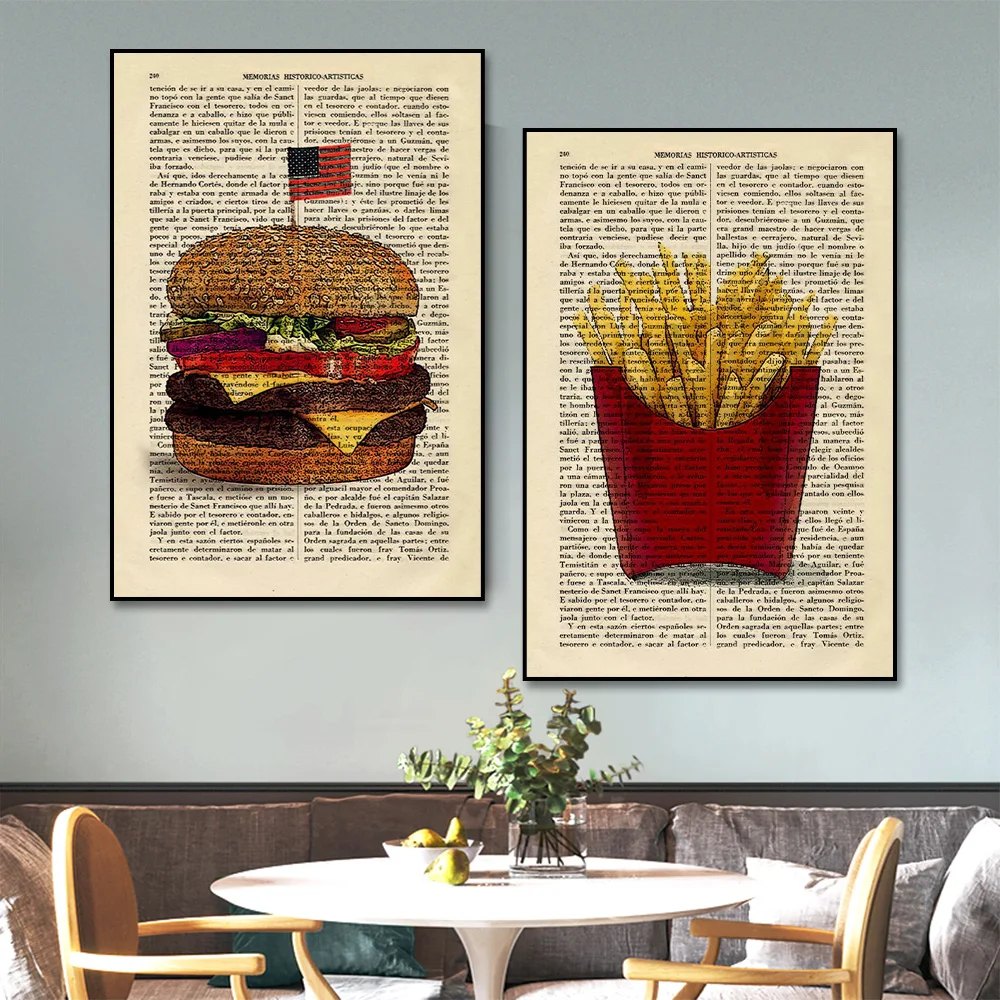 

American Burger French Fries Canvas Painting Vintage Kitchen Posters Dorm Room Prints Wall Art Decorate Suitable For Restaurant