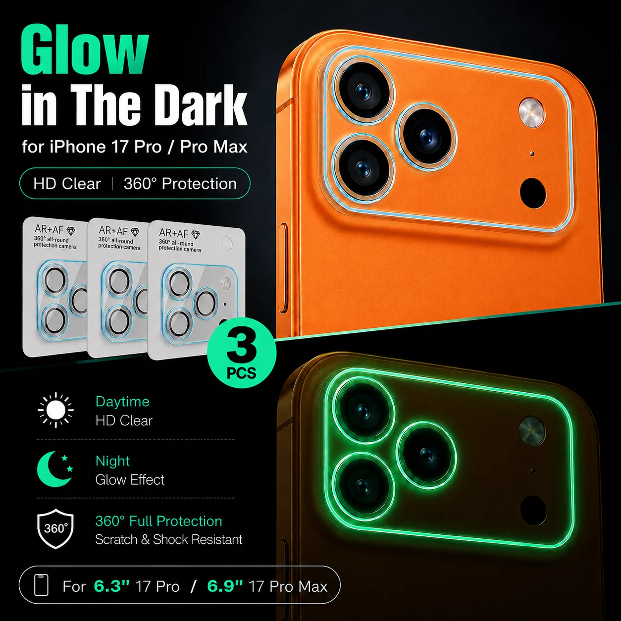 Luminous Camera Lens Protector for iPhone 17 Pro Max, Glow in The Dark 5% HD Clear Anti-Scratch Camera,for iPhone 17 Pro  3pcs