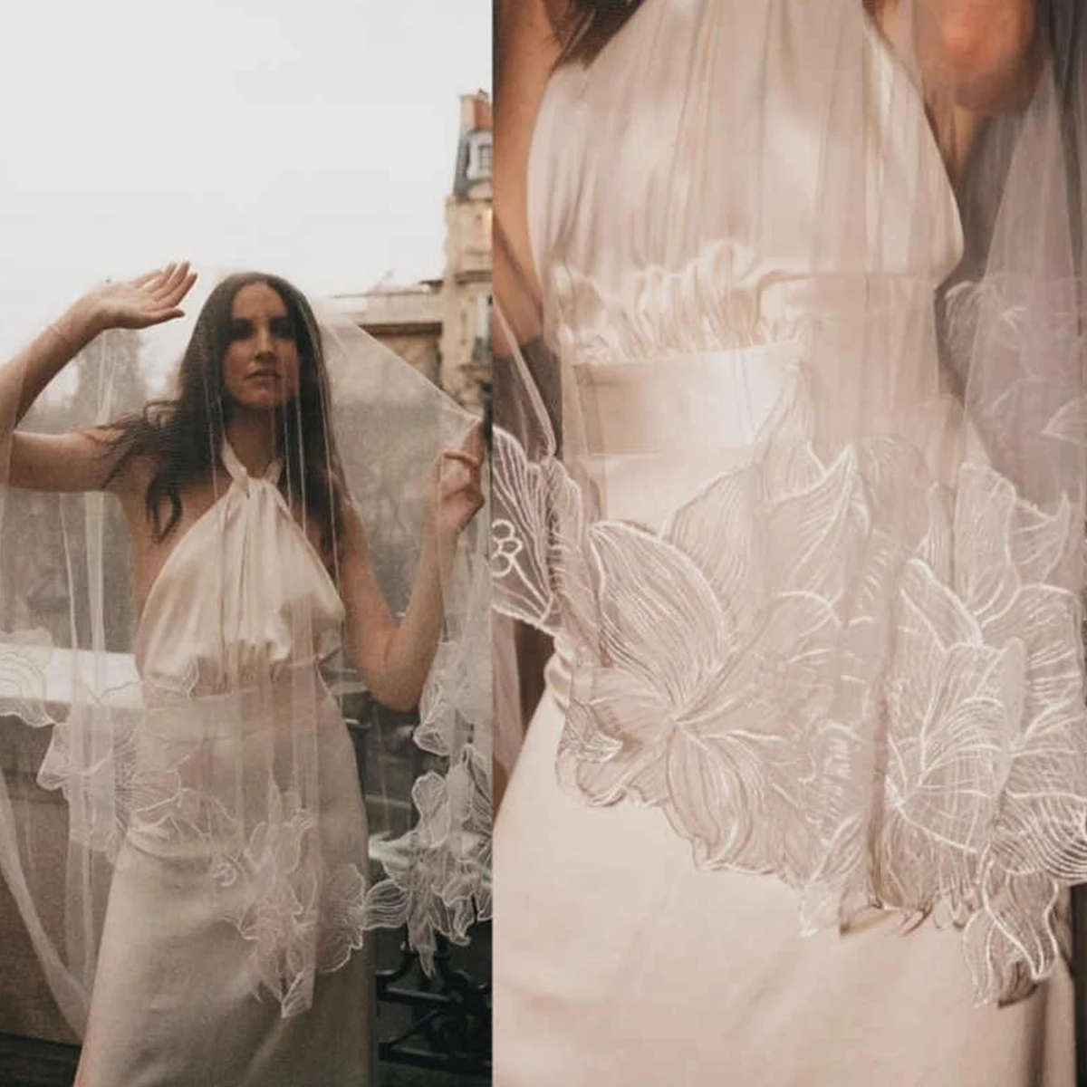 

High Quality Bridal Veil Crafted from Delicate Tulle Featuring Lace Trim Perfect Wedding Accessory for Brides Customized