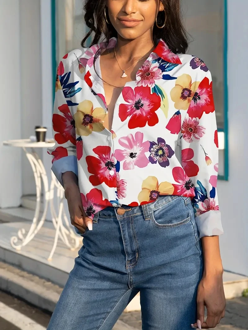 Fashion Women\'s Shirts & Blouses,Elegance Flowers Print Shirts,2024 Spring & Summer Women\'s Clothing Long Sleeve Blouse Tops