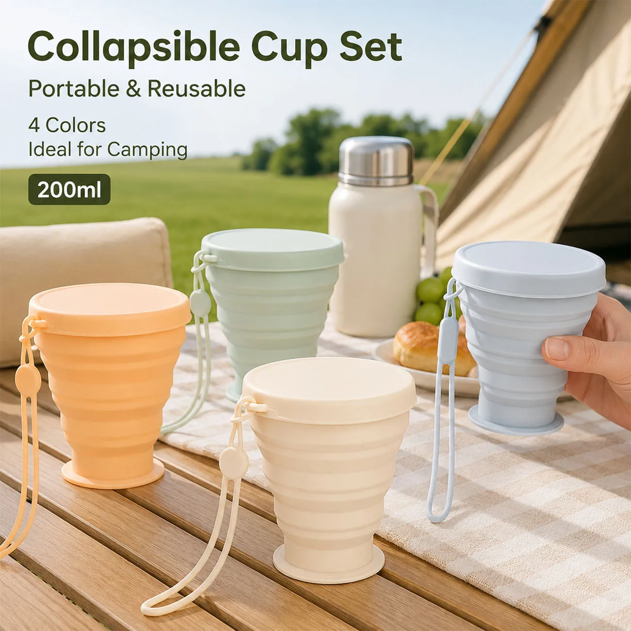 1PC 200ml Collapsible Silicone Cup with Lid Portable Travel Cup Foldable Reusable Coffee Water Mug Camping Hiking Outdoor Cup