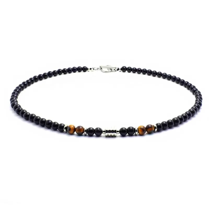 Men’s Black Beaded Choker Necklace – Minimalist Tiger Eye Stone with CZ Charm