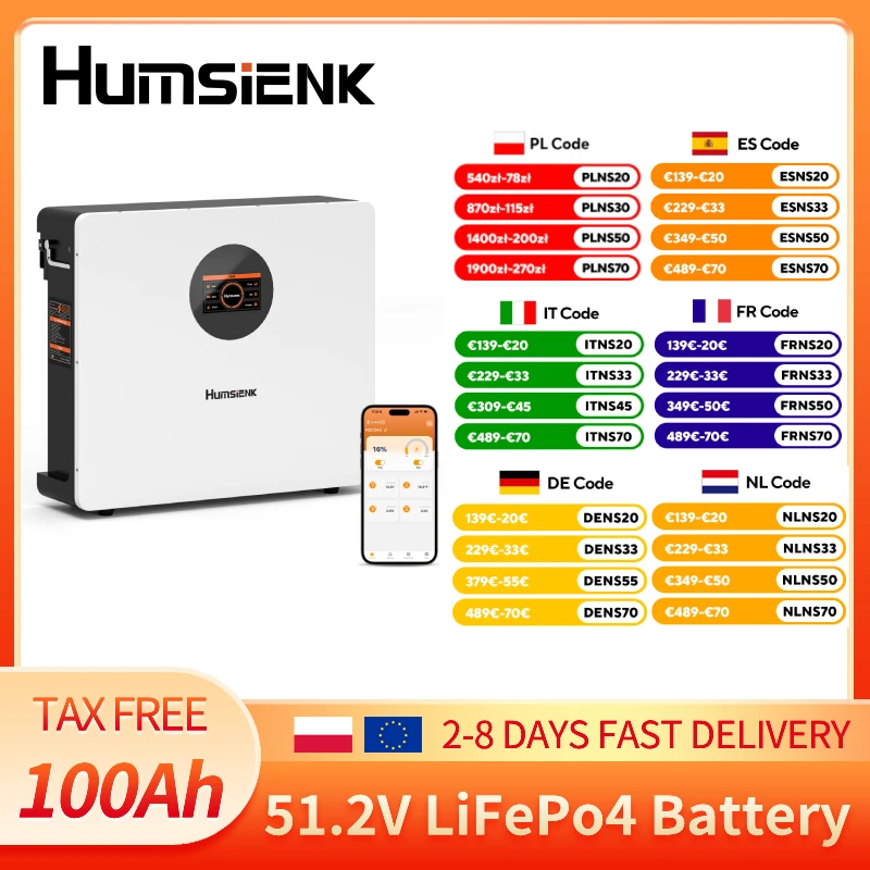 Humsienk 48V 100Ah Wandmontierter wiederaufladbarer Lithium-Akku, Kapazität 5120Wh, integriertes Bluetooth & 100A BMS, 15000+ Zyklen & Tiefentladezyklen, Niedertemperaturschutz für