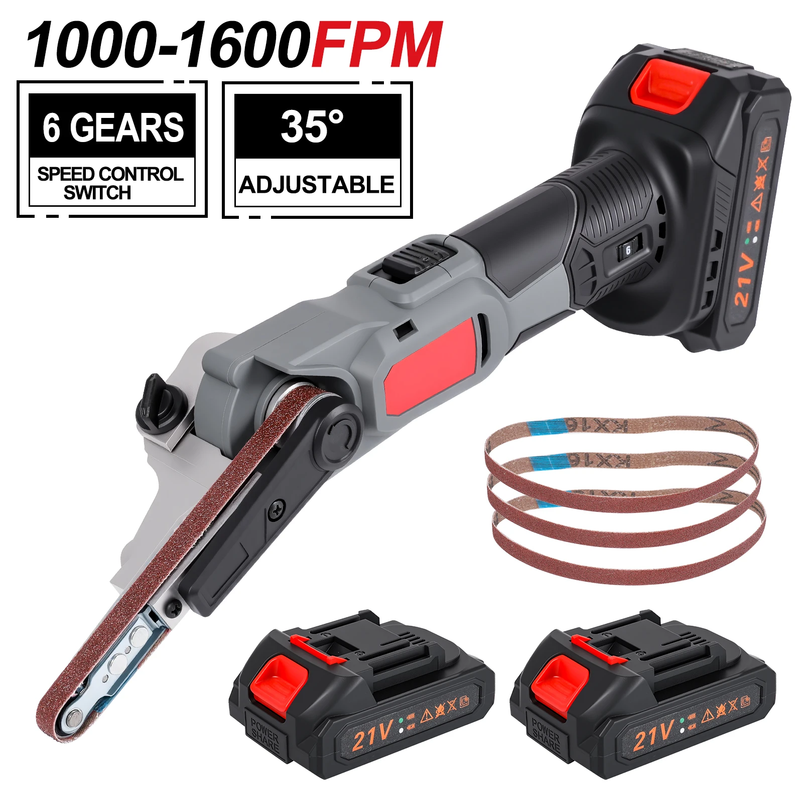 Kabelloser Bandschleifer/Akku-Bandschleifer - 6-Gang 35 °   Einstellbare elektrische Schleifmaschine, ausgestattet mit 3 Schleifbändern, geeignet für Holz- und Metallpolitur (inklusive 2 Batterien und