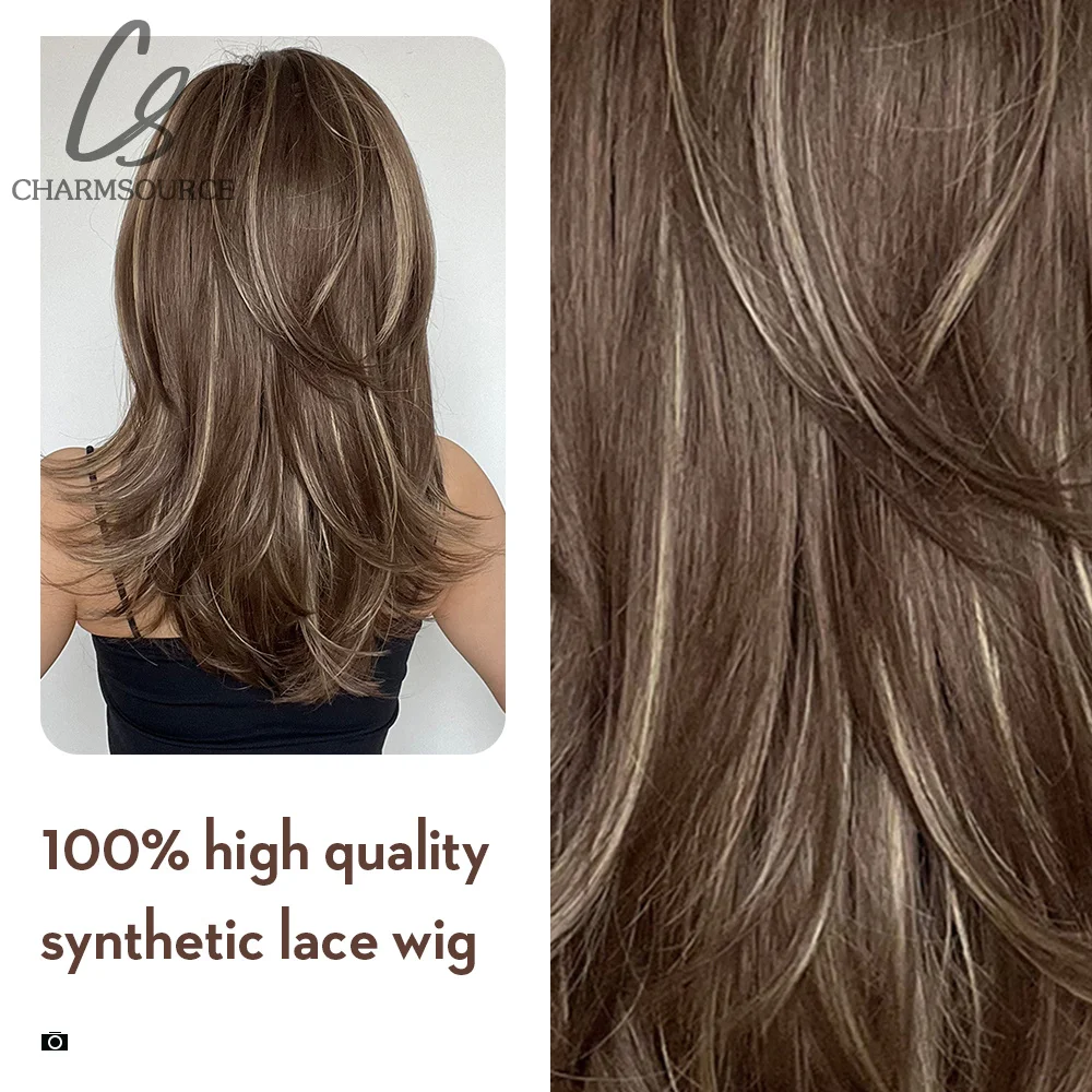 CharmSource  Brown Ombre Long Natural Wave Wigs Synthetic Wig for Women Hair Daily Party High Density Heat Resistant