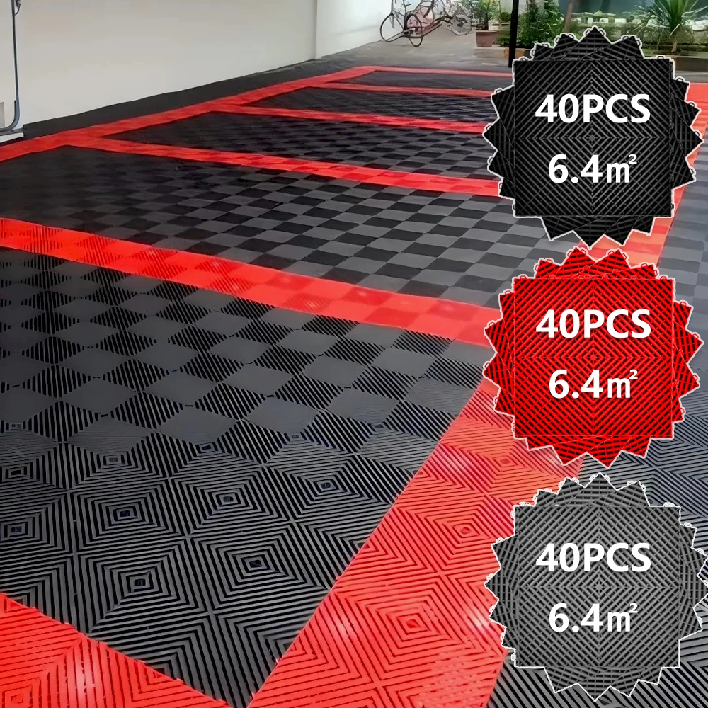 40 Stück Garagenbodenplatten 40*40*1,8cm Schwarz-Rot Ineinandergreifende Garagenbodenfliesen Autowaschraum PVC-Verbindungs-Gitterfliesen