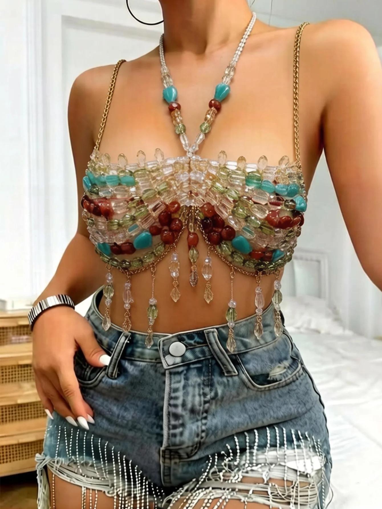 Handmade Colorful Beads Cover up Top Birthday Party Beaded Bra Gemstone Bralette Rave Festival Body Chain Crystal Mermaid Tops