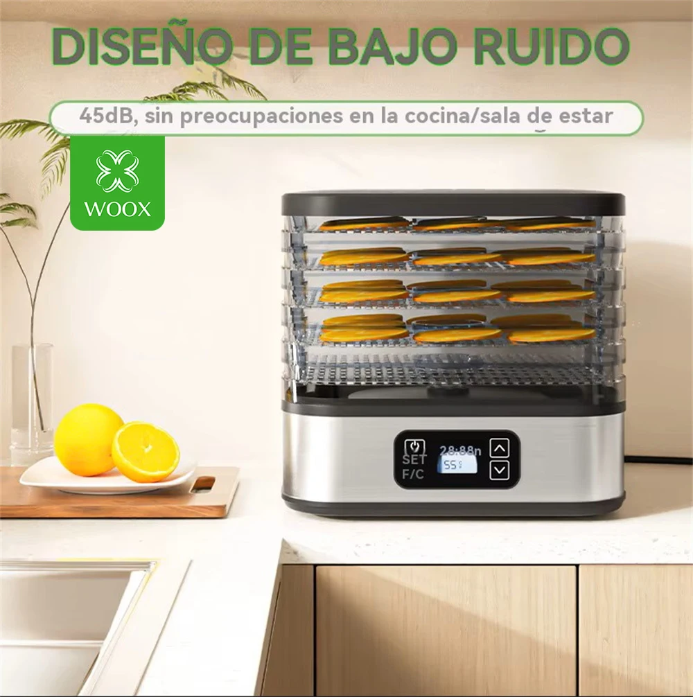 Deshidratador de alimentos de 240W con 5 bandejas transparentes de altura ajustable para secar alimentos,carne de mascotas y frutas,Cuenta con temporizador digital ajustable de 72 horas,control de temperatura de 35 a 75°C y circulación de aire de 360°
