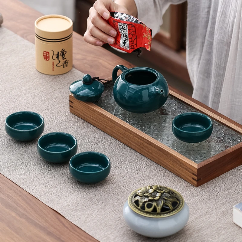 Kungfu Tea Set One Pot Four Cups Can Sandalwood Stove Chinese Ceramic Cup Incense Burner Gift Box Ceremony