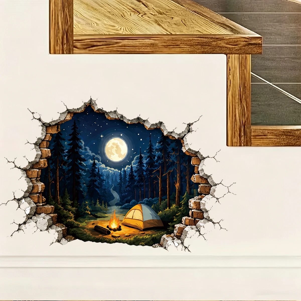 Pegatina de Pared 3D con Diseño de Bosque para Decoración del Hogar, Calcomanía de Pared con Diseño de Luna y Campamento para Habitación Infantil, Decoración de Zócalo para Dormitorio