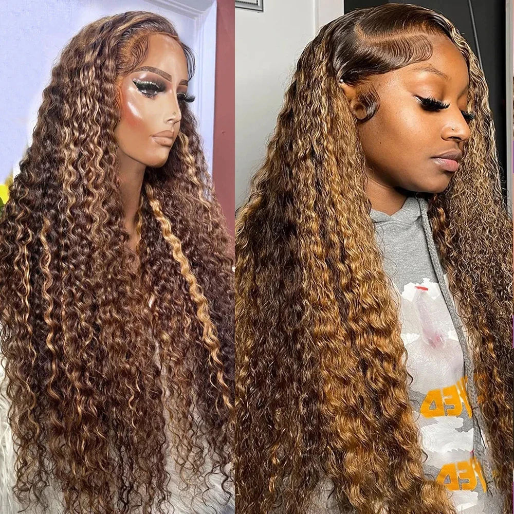 

Выделите Ombre Curly 13x6 Бесклеевой парик Человеческие волосы Готов к ношению Отбеленные узлы 4/27 Глубокая волна 13x4 Кружевная передняя часть для женщин Предварительно вырезанные