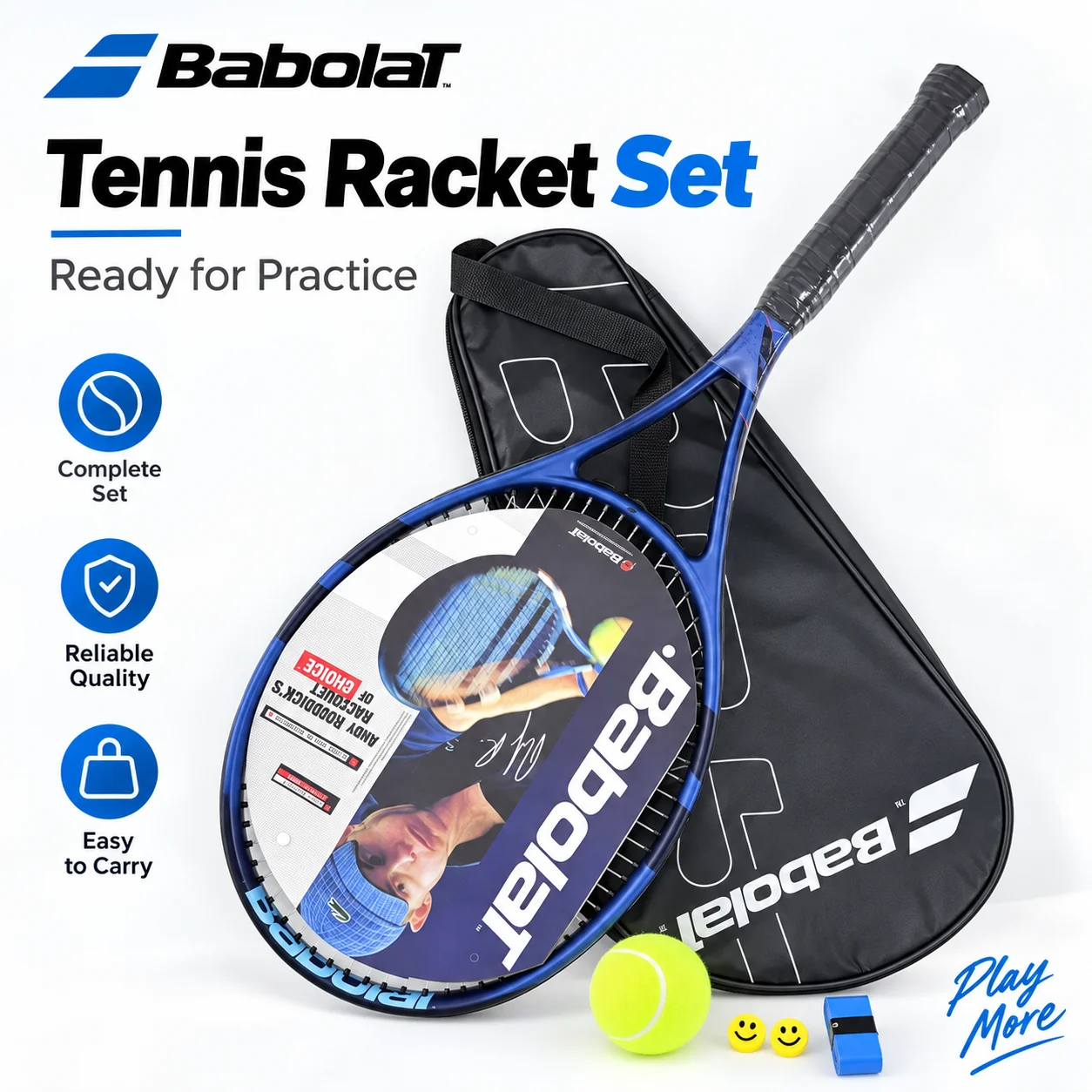 Babolat Tennisschläger-Set aus Vollkohlefaser mit Aufbewahrungstasche, Tennisbällen und Stoßdämpfer für Anfänger und Erwachsene zum Training und Üben