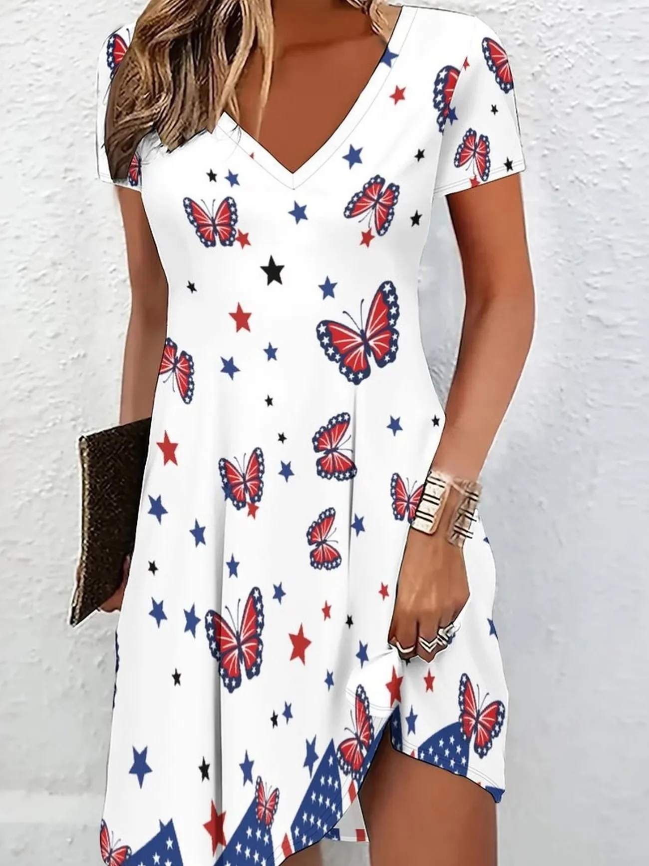Ladies Summer V-Neck Short Sleeve Casual Mini Dress 3D Butterfly Pattern Gradient Print Women's Fashion Dress